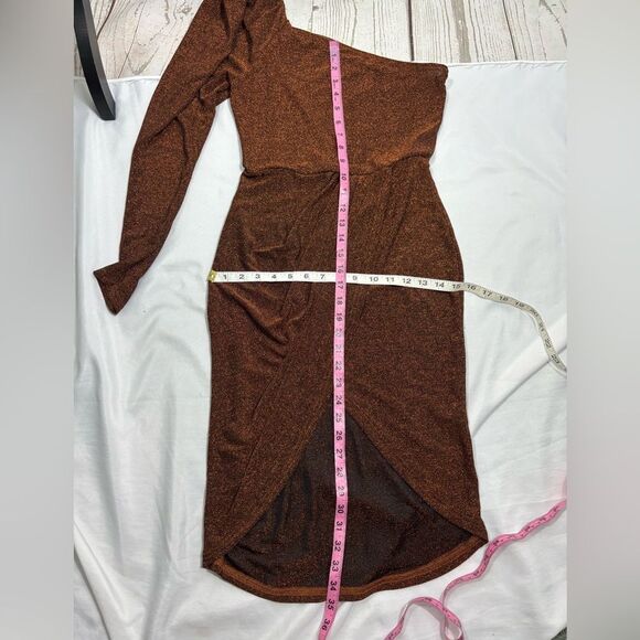 One Shoulder Gigot Sleeve Wrap Glitter Dress - Picture 6 of 6